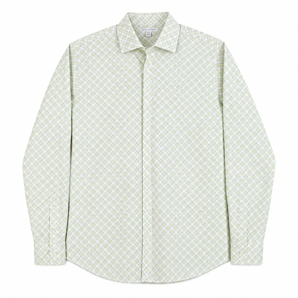 Banana Republic Button Down Mens L Green White Plaid Long Sleeve Dress Shirt